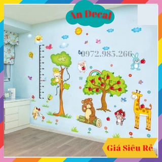 Combo 2 tranh decal, decal dán tường trang trí phòng cho bé vườn táo và thước đo khỉ leo cây