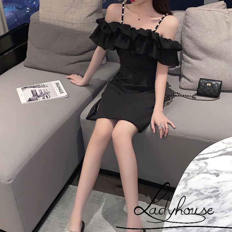 Ldd-đầm Tay Ngắn Trễ Vai Màu Trơn Đính Ngọc Trai Giả Một Mảnh Mùa Hè