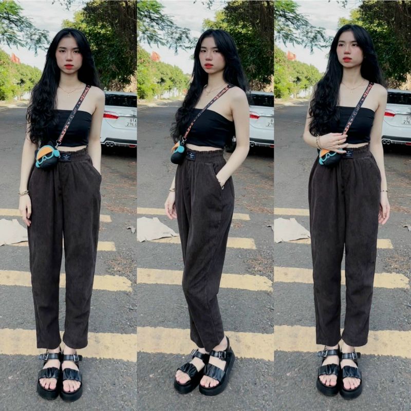 Lenkapas - Quần baggy nhung tăm cạp thun dáng đẹp