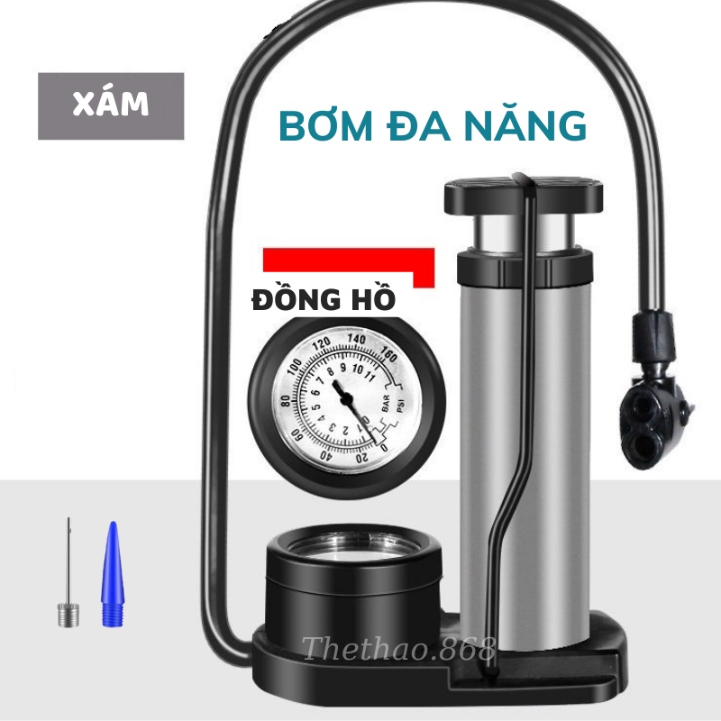 Bơm Xe Máy Đạp Chân 160PSI, Bơm Hơi Xe Đạp Ô Tô Khỏe Nhanh Đầy Hơi - Có Đồng Hồ Đo Áp Suất TẶNG KÈM 2 KIM BƠM