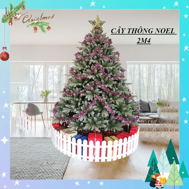 Cây thông noel phủ tuyết 2m4 2 loại lá PE -cây thông noel tự động xòe cành tán lá dày trang trí giáng sinh