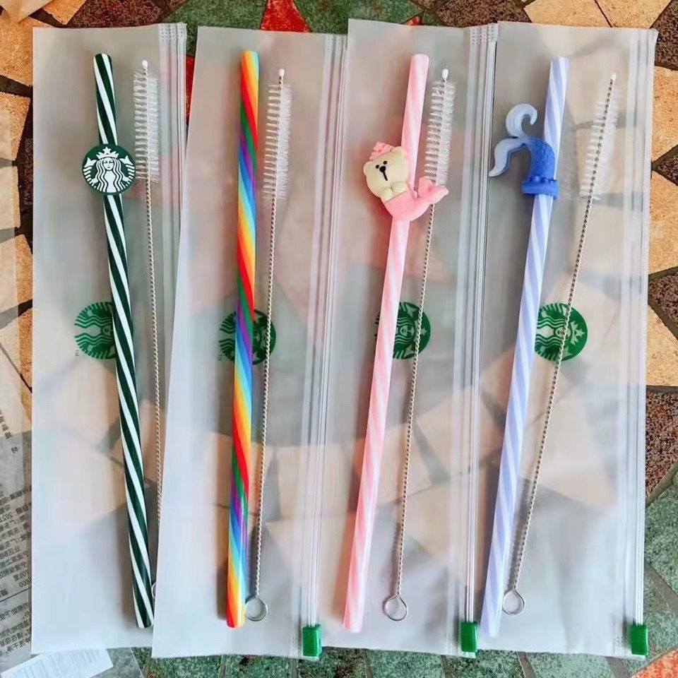 Bộ 3 Ống Hút Starbucks Có Nắp Đậy Chống Bụi Hình Nàng Tiên Cá Dễ Thương Sáng Tạo Có Thể Tái Sử Dụng