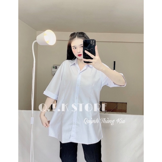 Sơ mi trắng xanh trơn tay lở thiết kế độc quyền qtk