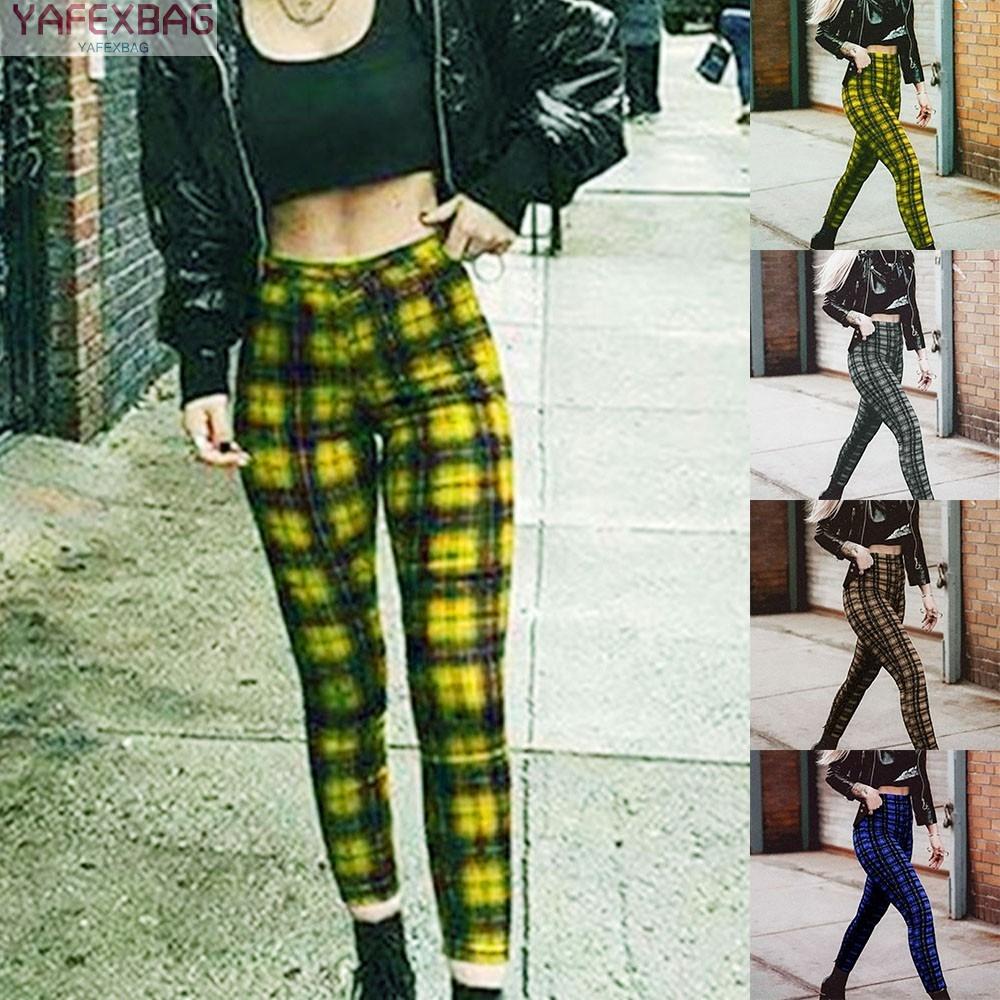 Womens Hip Hop Slim Plaid Elasticity Casual High Waist Leggings Trousers High Quality