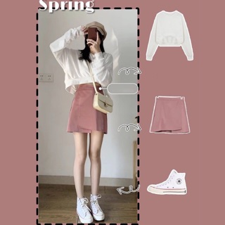 Set croptop trắng và chân váy da hồng ullzang( có tách set)