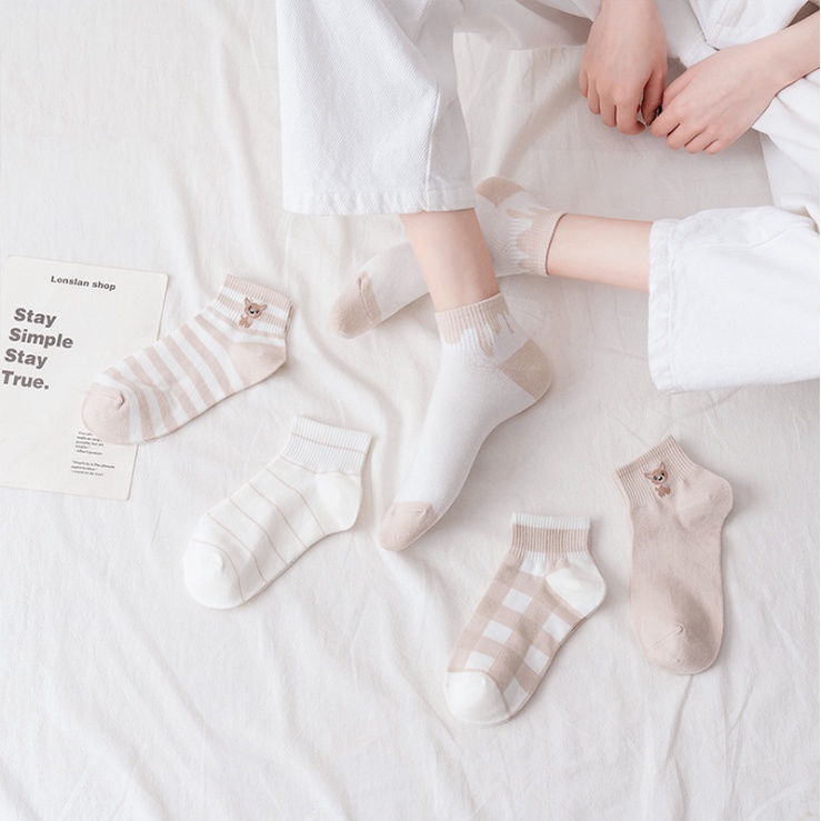 Vớ Cotton Cổ Thấp In Họa Tiết Gấu Hoạt Hình Thời Trang Xuân Hè Cho Nữ