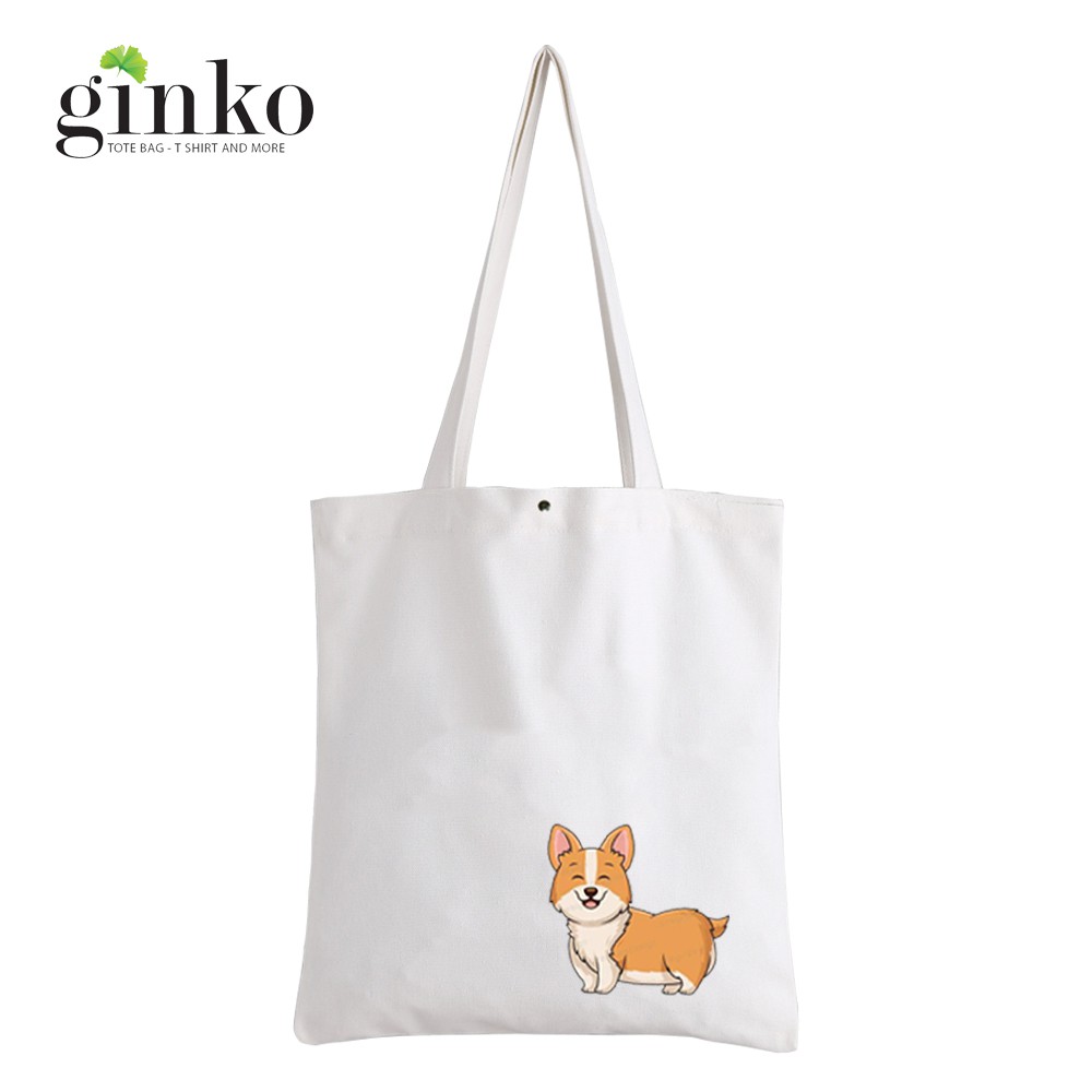 Túi Vải Tote GINKO Kiểu Basic dây kéo In Hình Corgi G17