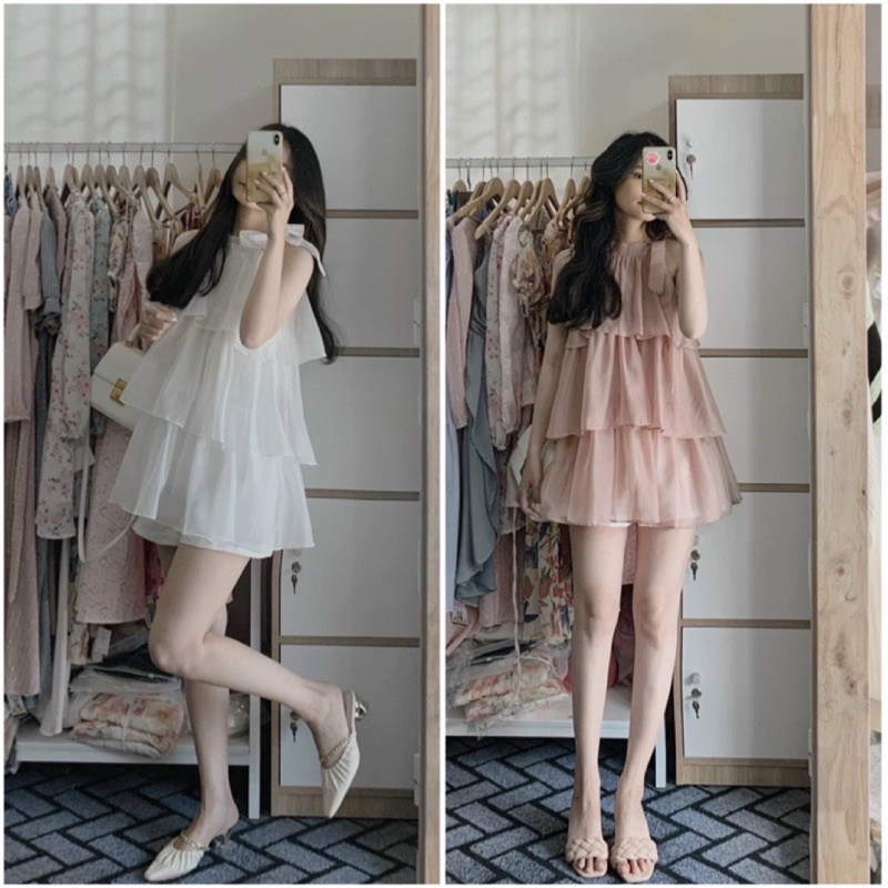 Set áo yếm voan 3 tầng không tay kèm quần short