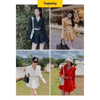 Set áo vest croptop tay dài + chân váy rút eo bốn màu