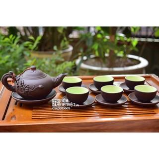 Bộ ấm trà tử sa Bát Tràng đắp nổi sen