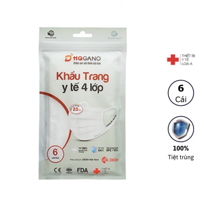 (6 Cái/Gói) khẩu trang y tế quai 3D mới 4 lớp HQGANO chống bụi mịn, kháng khuẩn, không đau tai, chất liệu cực mềm mại