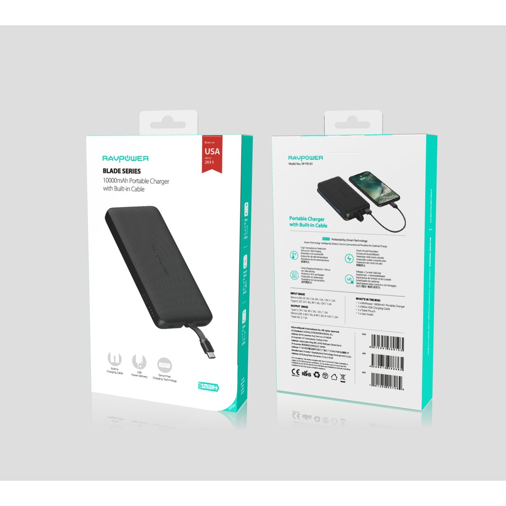 Pin Sạc Dự Phòng RAVPower 10000mAh PD 18W, Tích Hợp Cáp Type-C RP-PB161