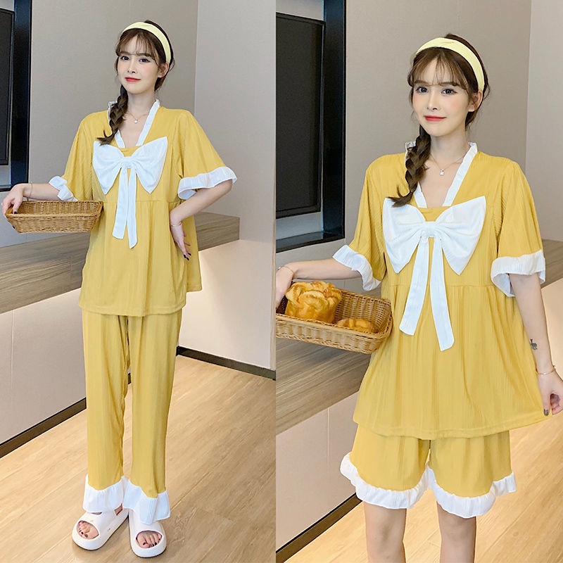 Bộ Đồ Ngủ Tay Ngắn Dáng Rộng Phối Nơ Dễ Thương Thời Trang Mùa Hè Cho Nữ