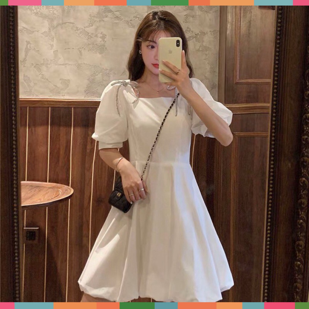 Đầm Nữ Ngắn Tay Bồng Nơ Cài Vai Hai Màu Siêu Xinh Nơ Vai ️🎶 Váy Nữ Dáng Xòe Cổ Vuông Đáng Yêu