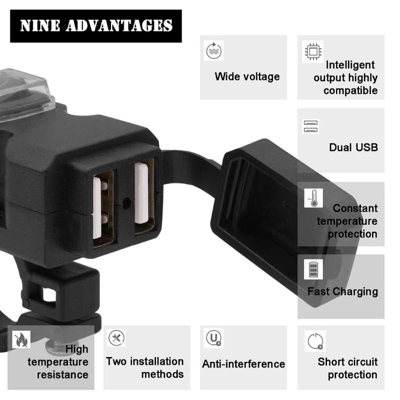 Bộ đế sạc 2 cổng USB 12-24V gắn tay lái xe máy