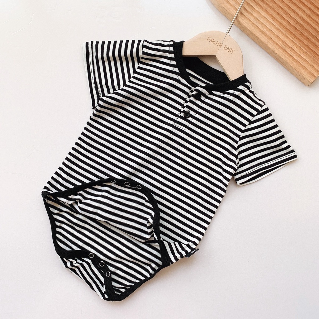 Bộ Áo Liền Quần Vải Cotton Tay Ngắn Cổ Đứng Họa Tiết Kẻ Sọc Dành Cho Bé Trai 0-24 Tháng Tuổi