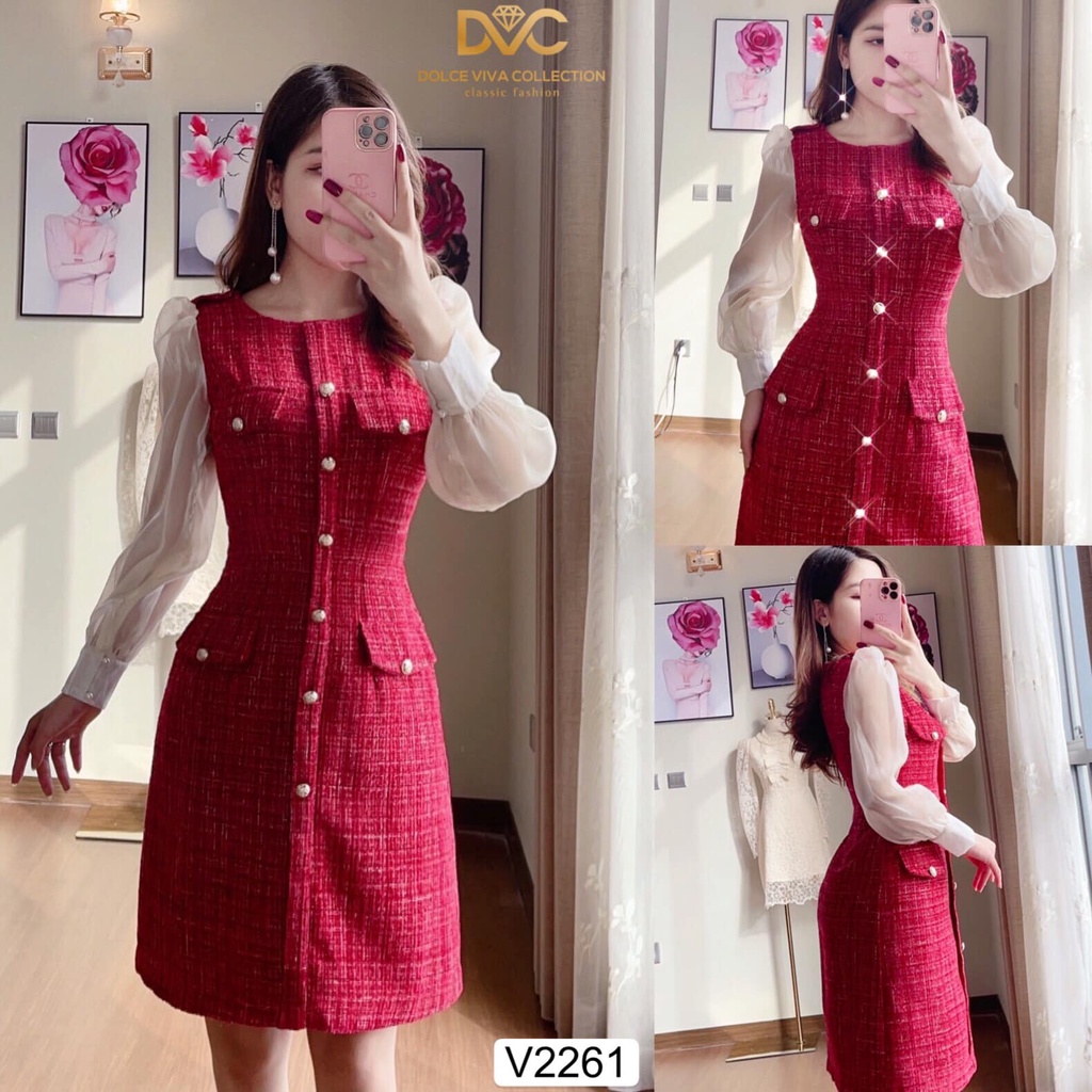 Váy dạ đỏ phối tay voan V2261 Zin Boutique [Kèm ảnh thật]