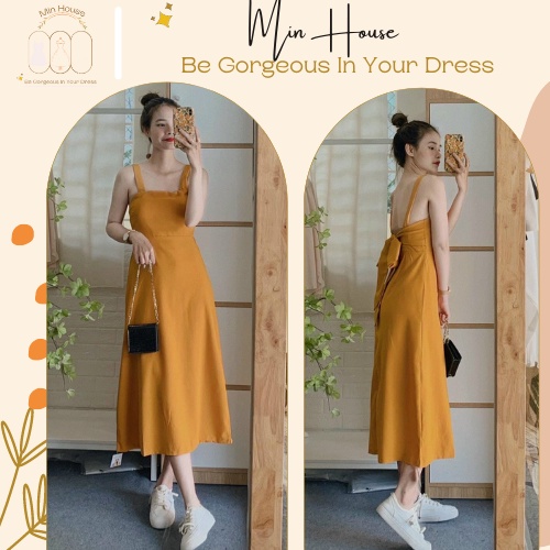 Đầm maxi 2 dây vàng du lịch siêu xinh- FREESHIP-TẶNG KÈM QUÀ-váy midi dài cột nơ lưng