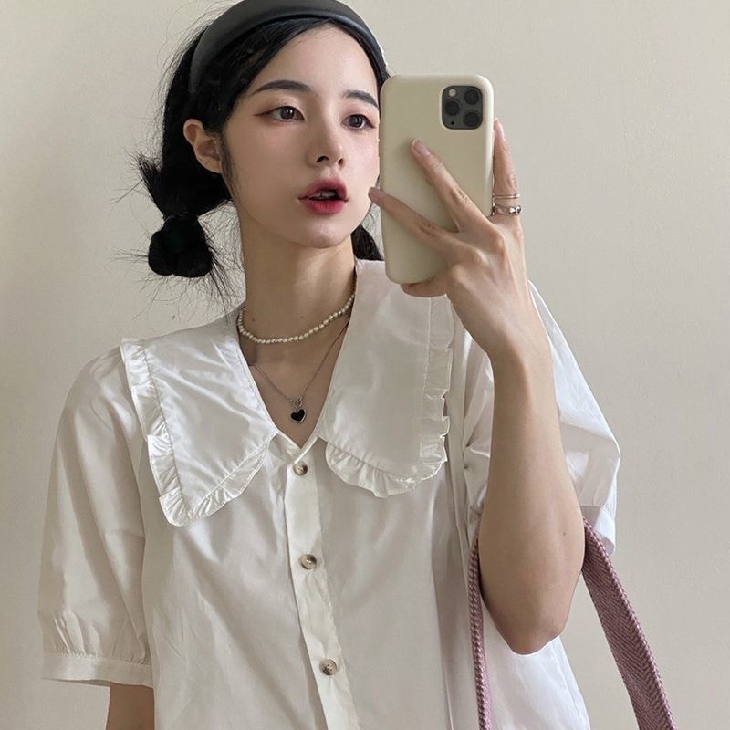 Áo sơ mi nữ ngắn tay cổ sen cách điệu phong cách tiểu thư xinh xắn | BigBuy360 - bigbuy360.vn