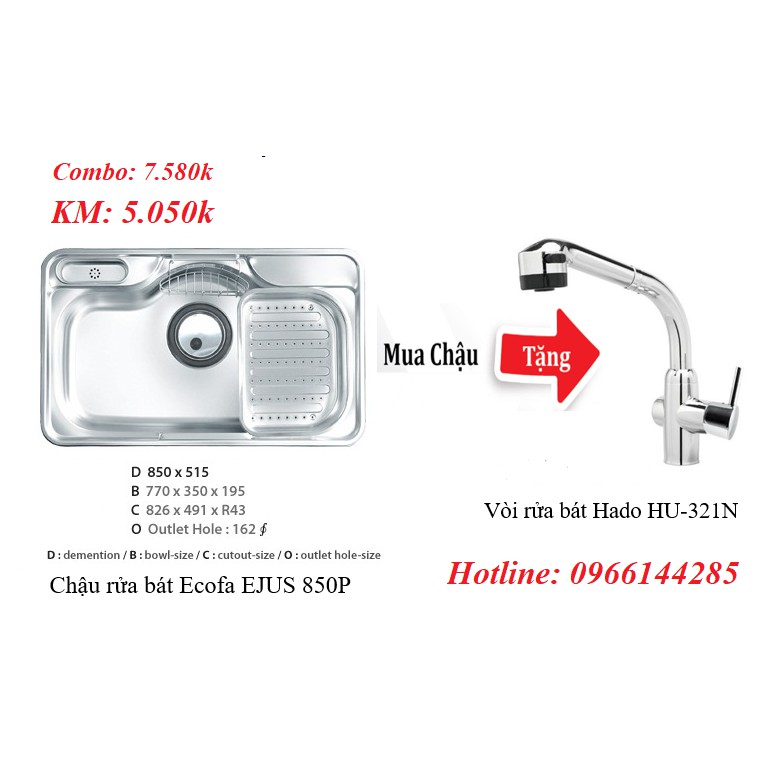 Mua Chậu rửa bát Ecofa Hàn Quốc 1 Hố EJUS 850P tặng vòi rửa bát Hado Hu-321N