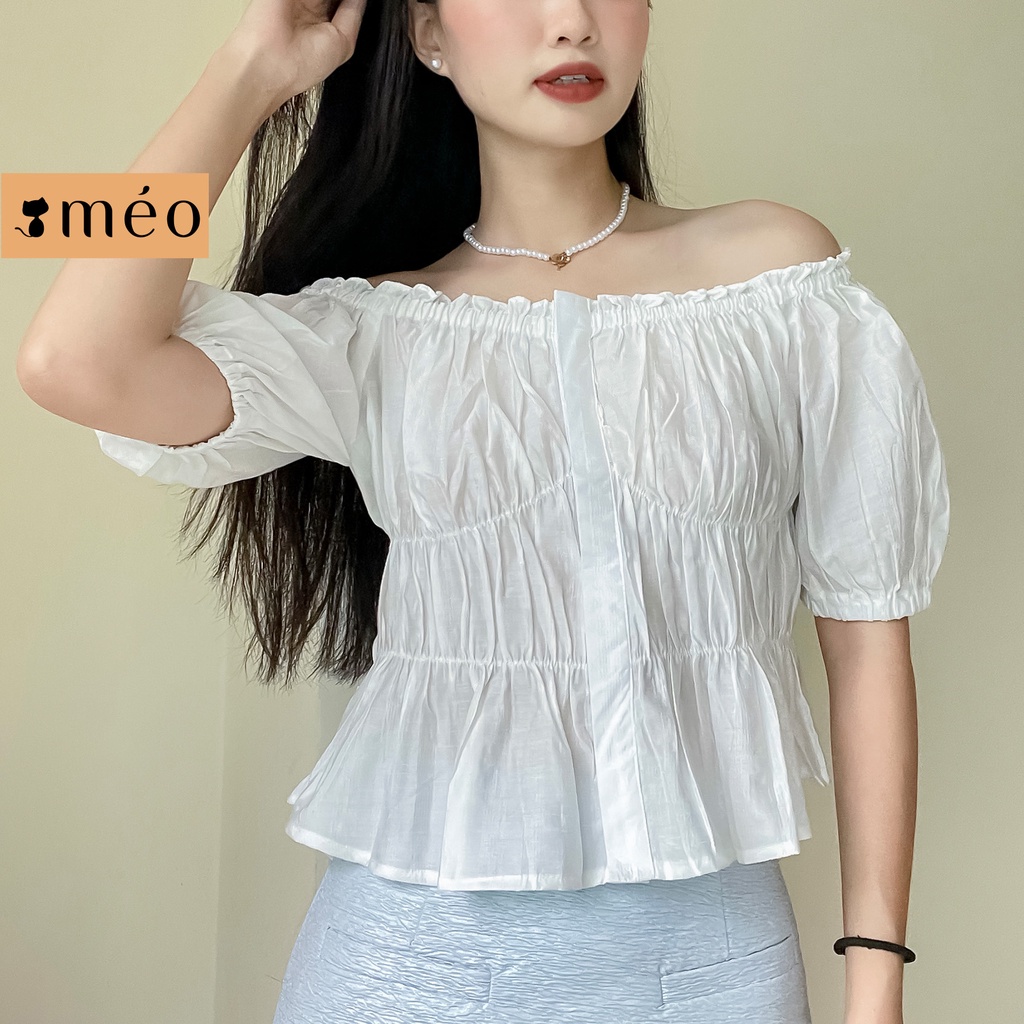 Áo kiểu nữ Méo Shop trễ vai ngắn tay bo eo hoạ tiết nhún Dozy | WebRaoVat - webraovat.net.vn