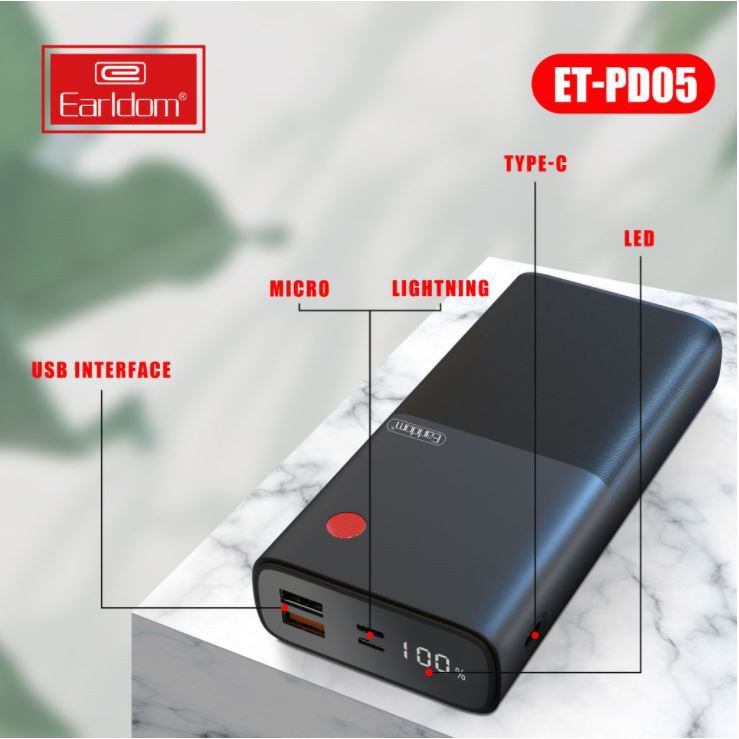 Sạc dự phòng 20000mAh Earldom PD-05 với 2 cổng ra USB hỗ trợ sạc nhanh 22W