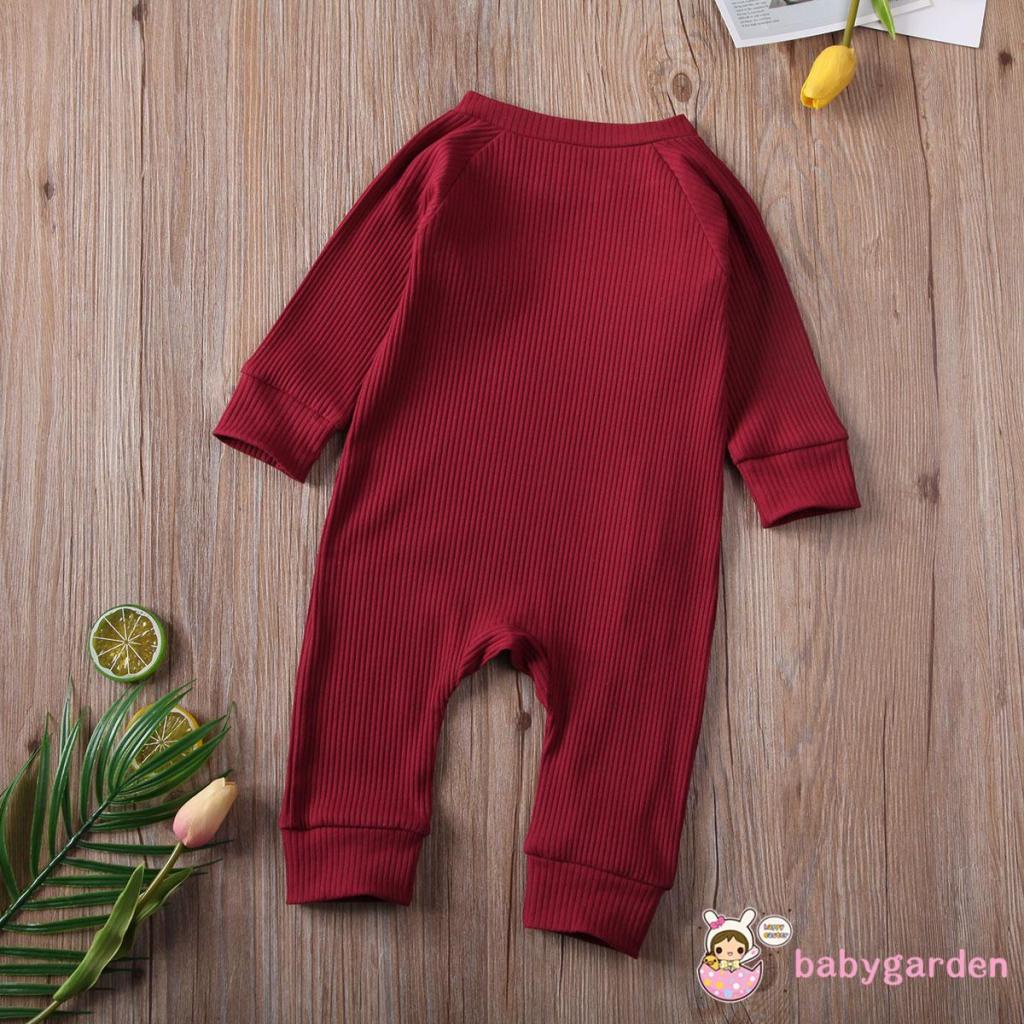 Bộ áo liền quần cổ tròn tay dài màu trơn cài nút phối khóa kéo thời trang cho bé