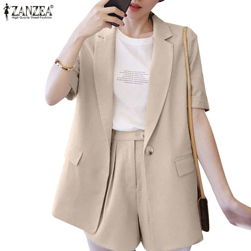 ZANZEA Set Áo Khoác Blazer Ngắn Tay Cài Nút + Quần Short Lưng Thun Thời Trang Nữ