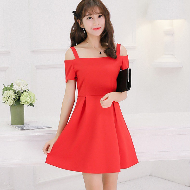 Đầm xòe nữ 2 dây, váy màu đỏ mặc tết dự tiệc cưới DA89