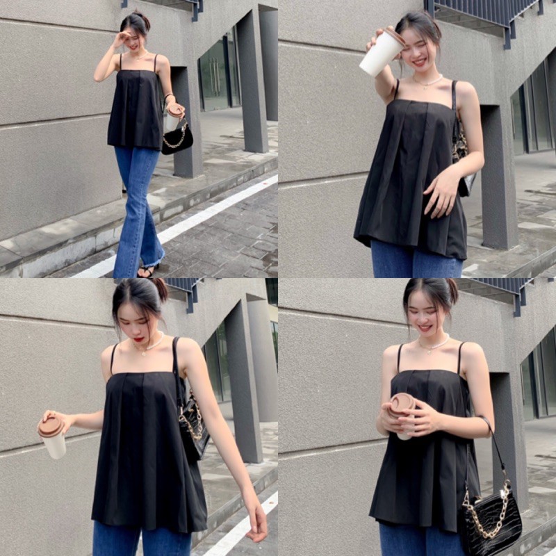 Áo Kiểu HAI DÂY VIN TOP thiết kế xếp li nhẹ form rộng màu sắc style vintage free size