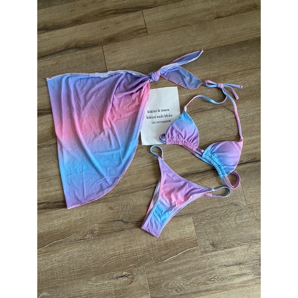 [BKN980] &lt;ÂU&gt; SET BIKINI 3 MÓN KÈM KHĂN HÔNG ĐỎ CAM/XANH HỒNG