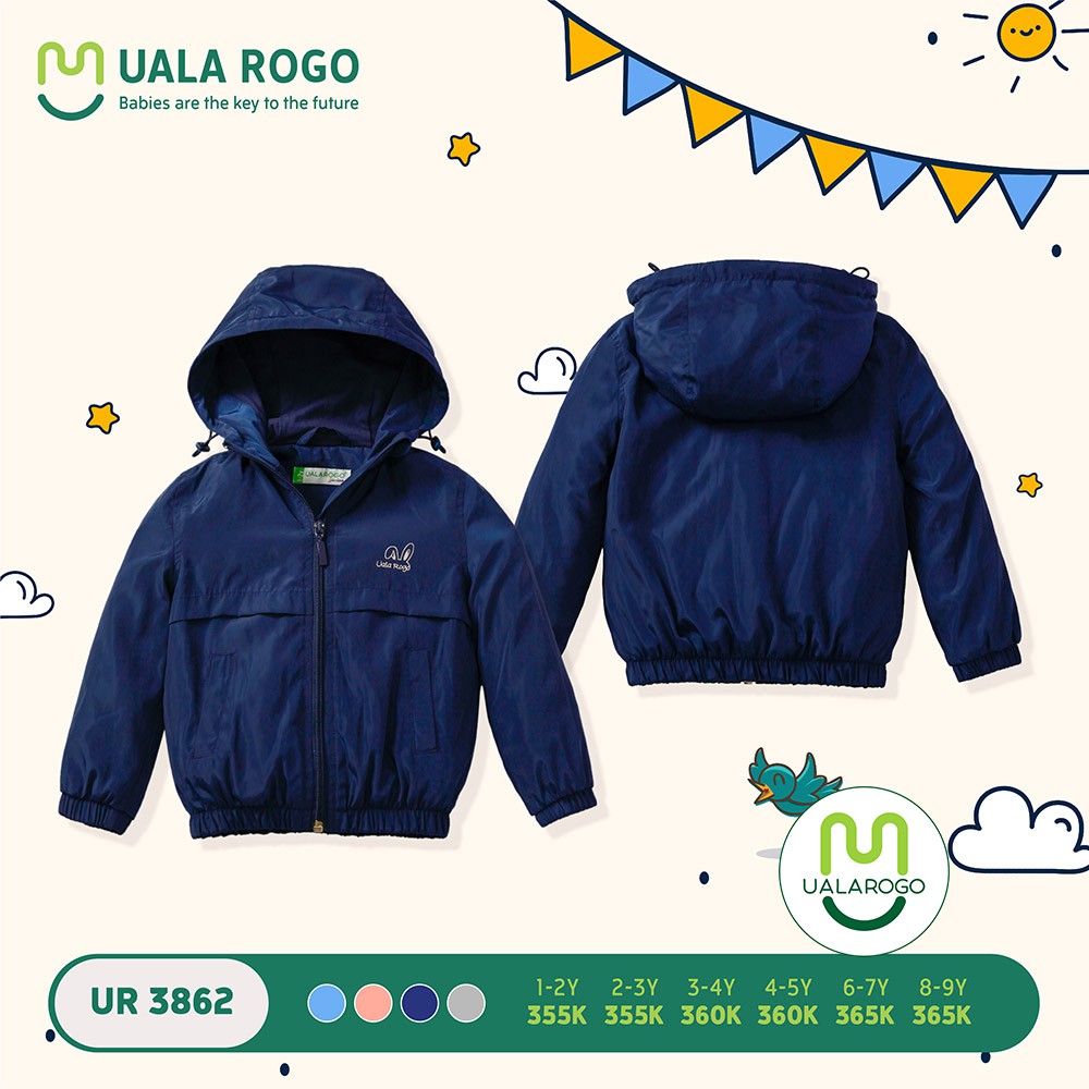 Áo gió cho bé Uala rogo 2 lớp 6 tháng -9 tuổi 1 lớp nỉ 1 lớp Polyeste có mũ chùm đầu ấm áp mềm nhẹ UR3862