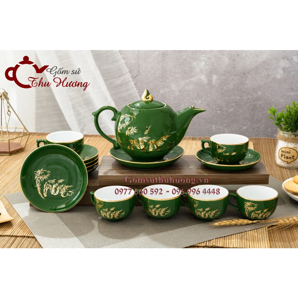 ấm chén Bát Tràng_Bộ trà chóp lửa trúc chữ phúc men ngọc lục bảo vàng kim