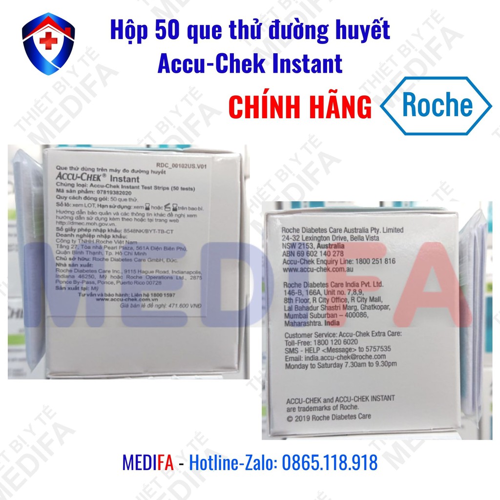 [Chính hãng, SX tại Mỹ] Hộp 50 Que thử đường huyết Accu-Chek Instant, Roche, NK chính ngạch, tem niêm phong, Nhãn phụ TV