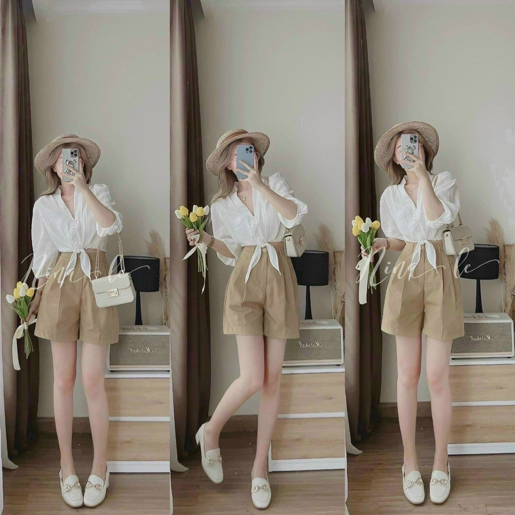 [8.8 Sales Freeship] Set bộ áo sơ mi trắng cổ v tay phồng cột dây + quần short đùi nâu cá tính, trẻ trung