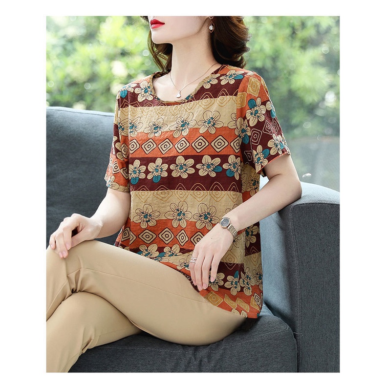 Áo Thun Lụa Lạnh Tay Ngắn Dáng Rộng Sọc Ca Rô Thời Trang Mùa Hè Cho Phụ Nữ Trung Niên