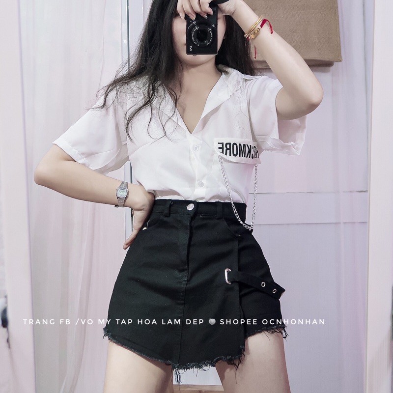 Set áo croptop sơmi phối chân váy quần đắp chéo