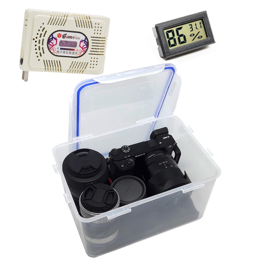 Combo Hộp chống ẩm 5 lít + ẩm kế + 200g hạt hút ẩm  cho máy ảnh, máy quay phim
