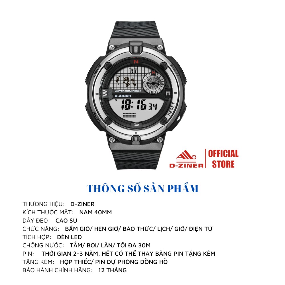 Đồng hồ điện tử nam chính hãng thể thao D-ZINER DZ8722 chống nước 30M kèm hộp thiếc LINDO