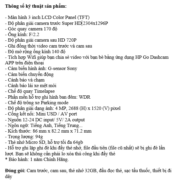 Camera hành trình cao cấp HP F986w, HP F965W + cam sau, phân giải UHD 2K, WIFI, parking mode, cảnh báo va chạm...