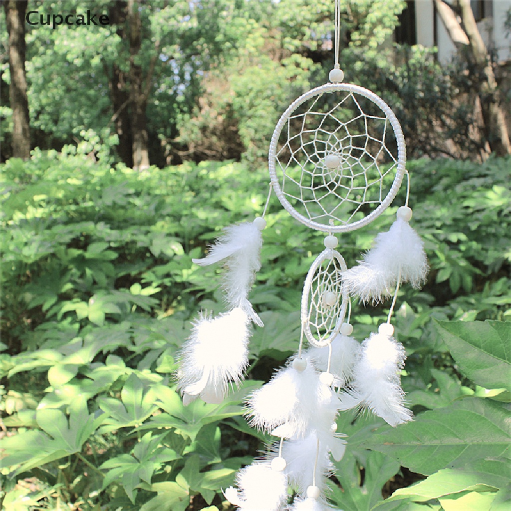 Dreamcatcher Đính Lông Vũ Màu Trắng Treo Tường Trang Trí