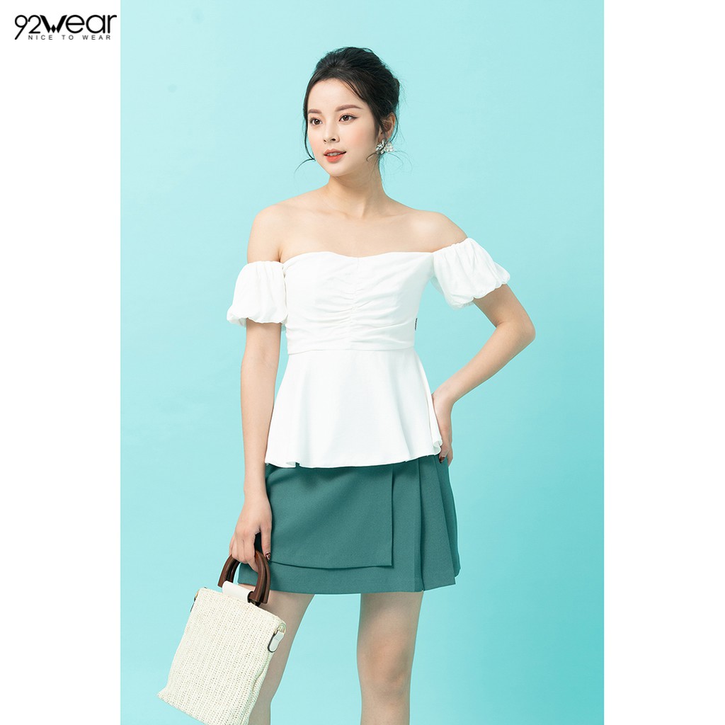 Áo sơ mi nữ 92WEAR kiểu ngắn tay trễ vai màu trắng hồng gợi cảm sexy tay bồng hàn quốc trơn đẹp ASW0543 - 92Wear | BigBuy360 - bigbuy360.vn