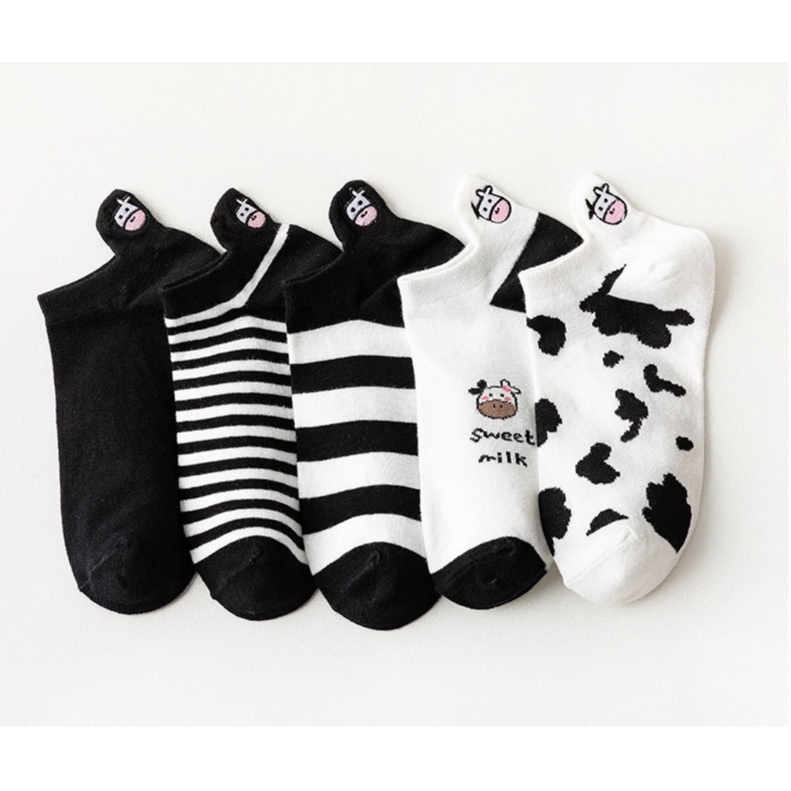 Tất ngắn nữ họa tiết bò sữa cute - set 5 đôi - HCM