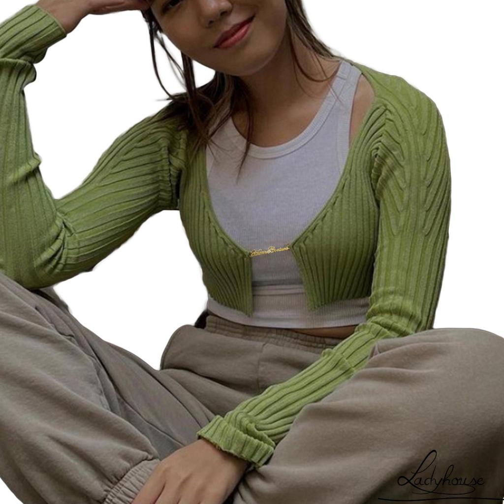 Áo croptop dệt kim tay dài ống loe màu sắc thời trang mùa thu cho nữ