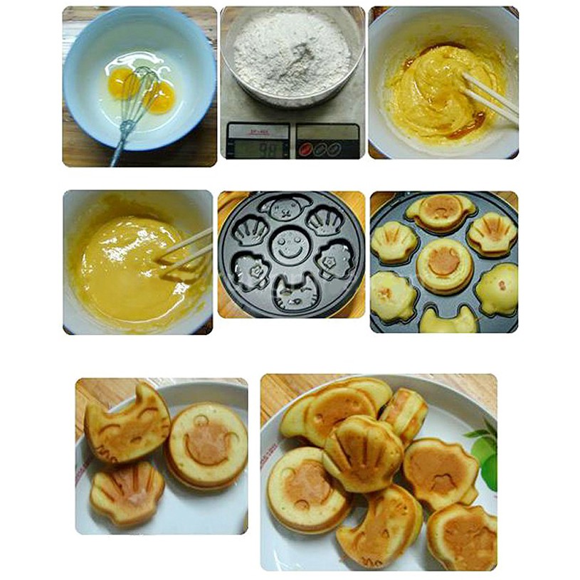 Máy làm bánh bông lan nướng 7 khuôn hình thú tặng kèm máy đánh trứng nhào bột kem