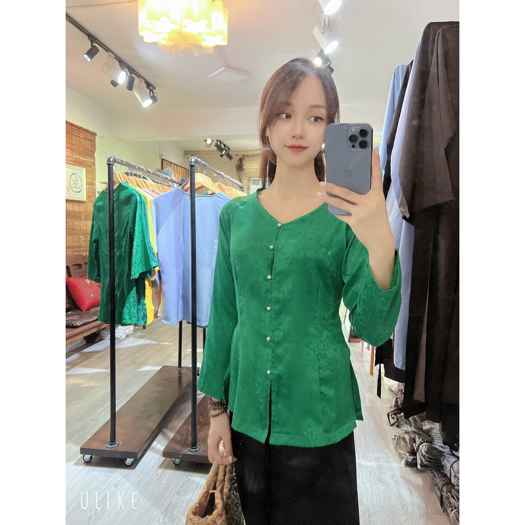 Áo BÀ BA # Đồ Phật tử lụa cao cấp # bà ba vân gấm hoa sen cúc ngọc xinh xắn AB12 xanh lá đậm