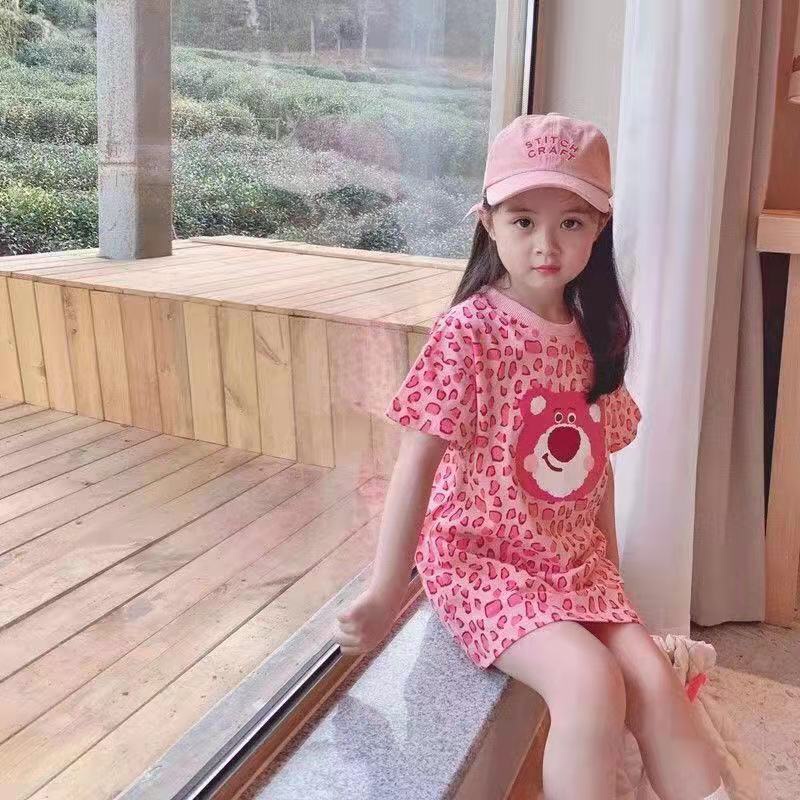[Kacily]Bé gái mặc váy họa tiết hoạt hình Bé gái mặc áo phông họa tiết gấu hồng 1-9 tuổi