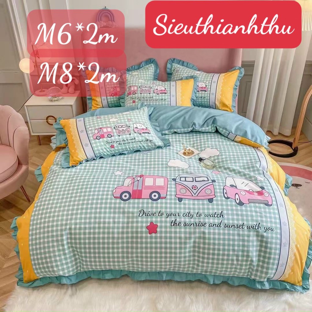 Bộ ga gối cotton viền bèo xinh xắn bộ chăn ga gối mền nhập khẩu họa tiết xinh xắn đáng yêu giá sỉ cắ