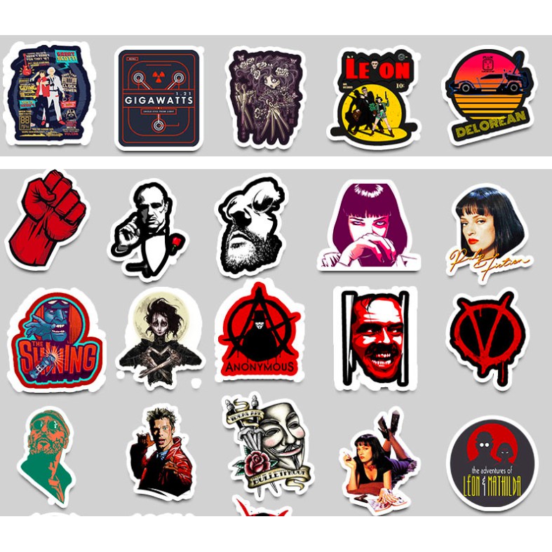 Set 50c stickers NHÂN VẬT ĐIỆN ẢNH BỐ GIÀ, Back to the future, V dán máy tính laptop, vali, xe máy, mũ bảo hiểm