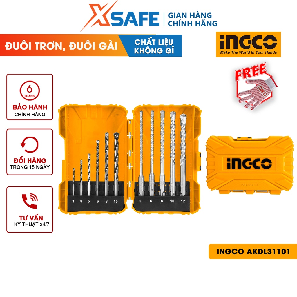 Bộ 11 mũi khoan bê tông đuôi trơn và đuôi gài INGCO AKDL31101